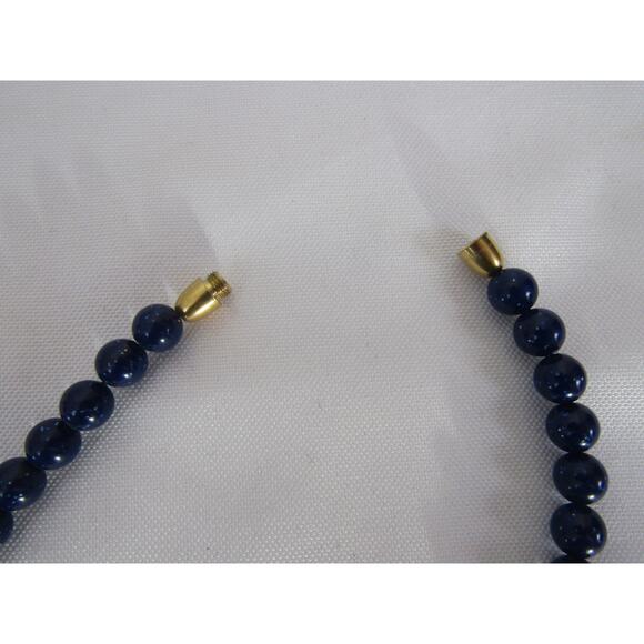Blue Round Gemstone Beaded Gold Tone Necklace Long 32" Whimsical Minimalist Oval - Picture 5 of 5